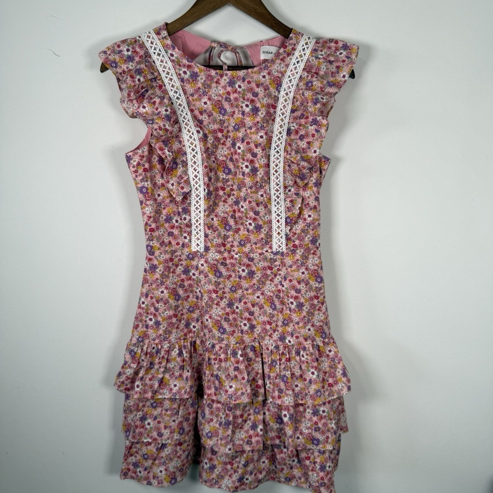 Sugar‎ + Lips Dress Floral Pink XS Ruffle Spring Summer Short